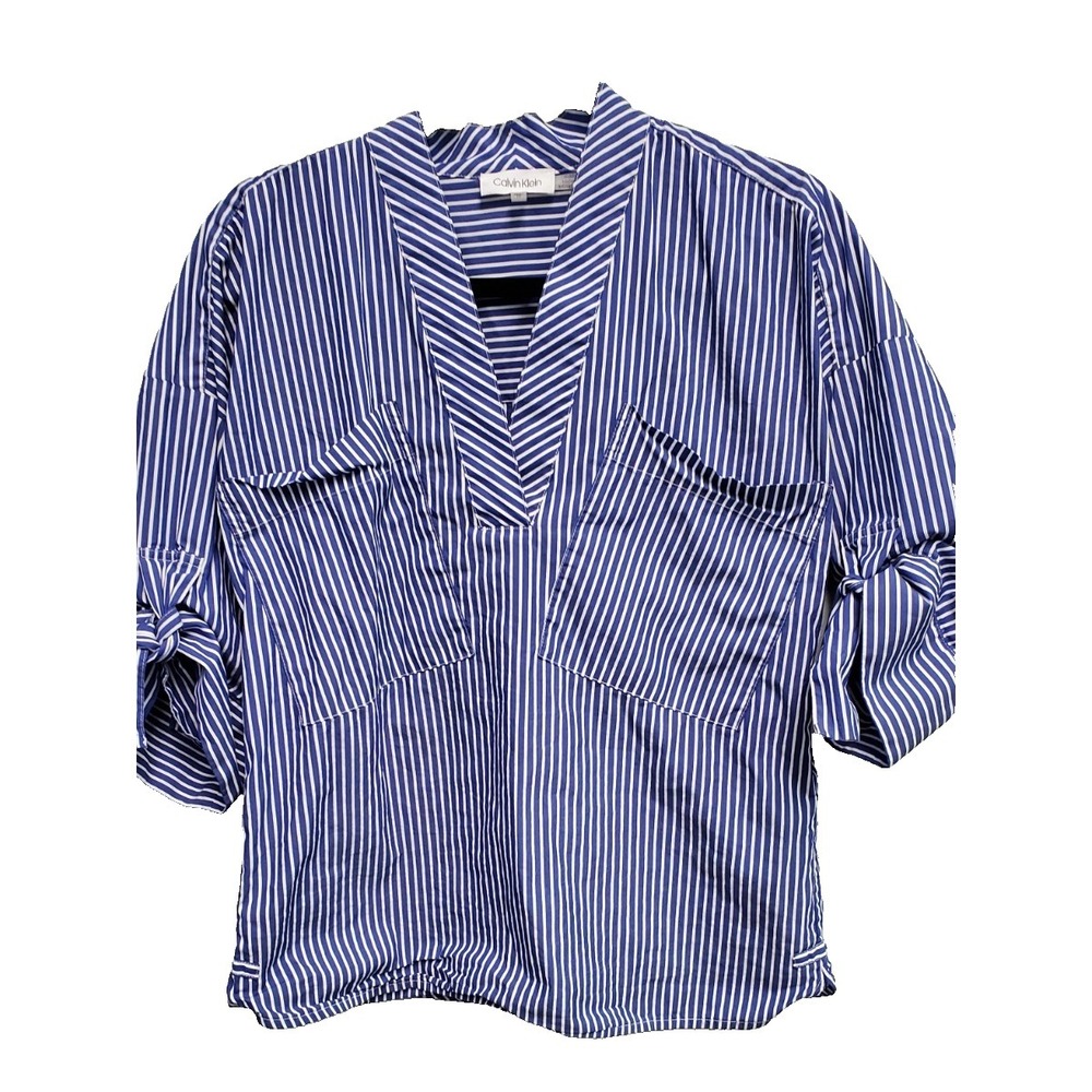 Calvin Klein Street Style Blue Striped‎ Roll Tab Blouse Pockets Career Sz XS